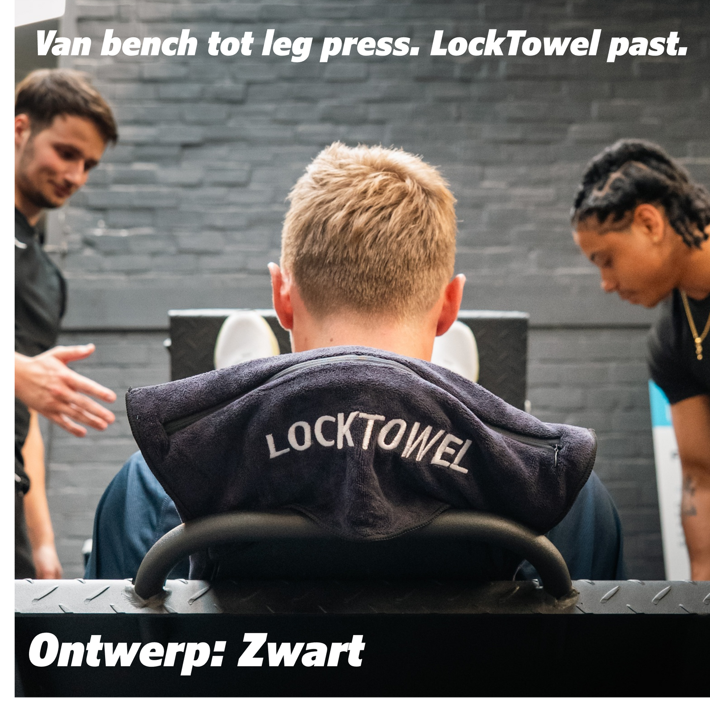 LockTowel zwart op leg press machine, laat universele pasvorm zien